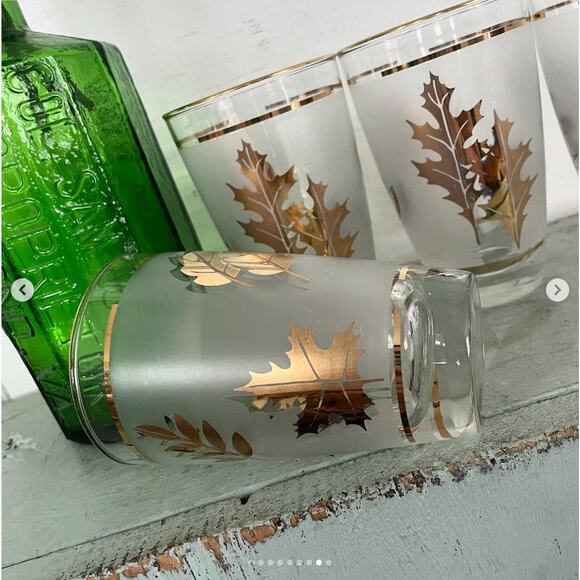 Vintage Drinking Glass Highball Frosted Gold MCM Barware Leaf Libbey Set 4 - Picture 9 of 10